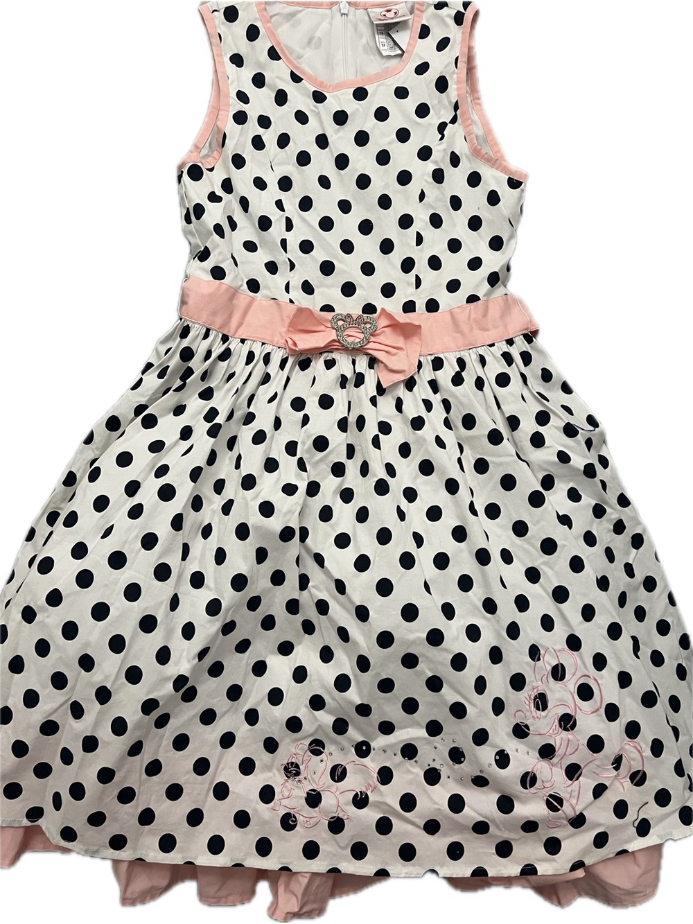 Vintage Disney Store White Polka Dot Dress with Pink Trim Rhinestone Bow Dress